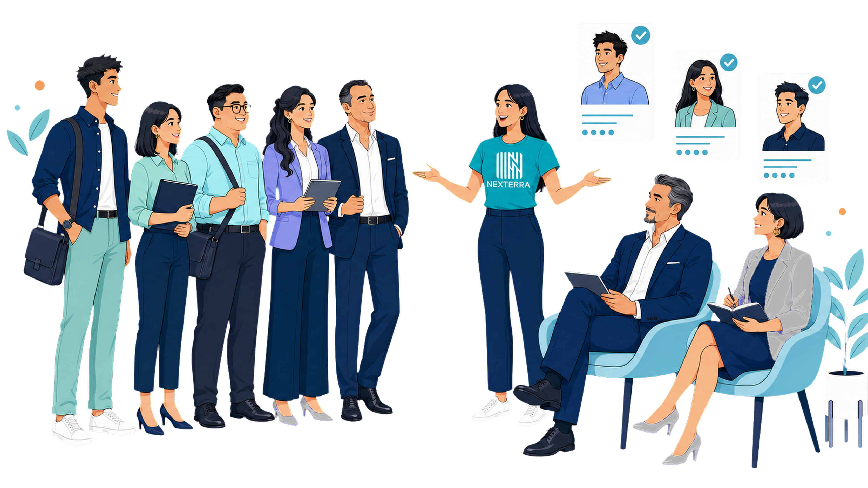 A Nexterra recruiter connecting five distinct Filipino professionals with two hiring representatives